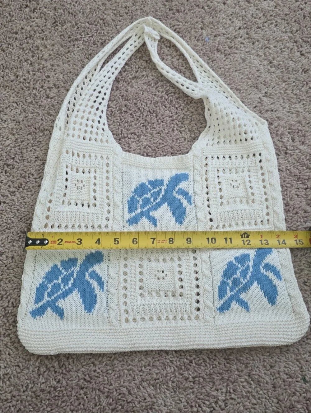 Crochet Turtle Hobo Tote Bag Boho Coastal Minimalist Blue Cream